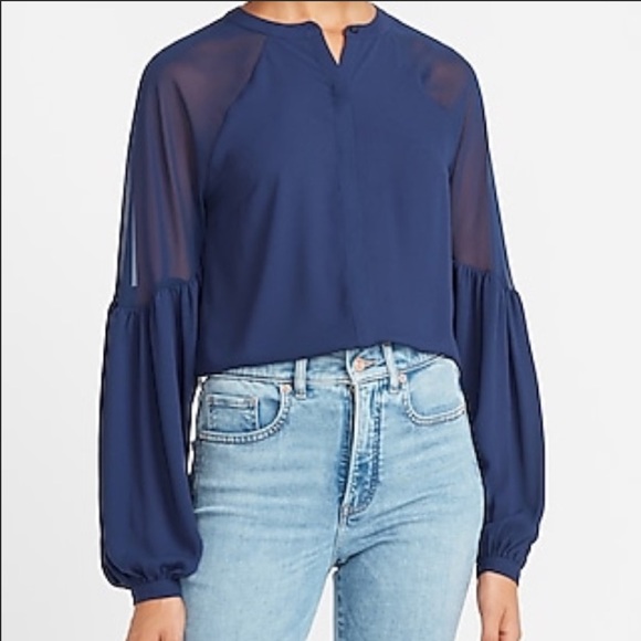 Express Tops - NWT Express Navy Blue Chiffon Sheer Pieced Blouse